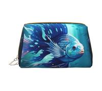 BREAUX Blue Ocean Borsa cosmetica portatile in pelle con stampa di pesce subacqueo, pochette cosmetica portatile, borsa cosmetica in pelle (piccola), bianca, taglia unica, Bianco, One Size