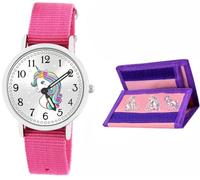 Brecjon Orologio da polso per bambine e ragazzi, con unicorno, 5 ATM, impermeabile, rosa, Rosa / Portafoglio