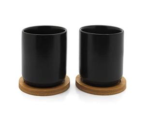 Bredemeijer Tazza da tè in Ceramica Nera, 2 Pezzi, con sottovaso in Legno