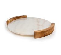 Bredemeijer Vassoio rotondo grande Ø 35 cm - Vassoio in marmo con 2 manici laterali in legno - ideale per servire bevande e snack