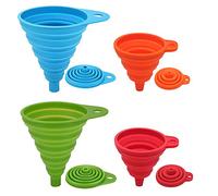 BREEZO Imbuto pieghevole, confezione da 4 imbuti in silicone per cucina e casa, bottiglie di acqua, liquidi e polvere, per alimenti, 4 colori (2 grandi + 2 piccoli)