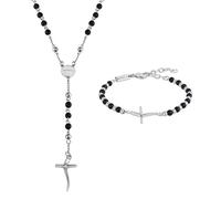 Breil, Collezione Code, Kit Bracciale e Collana Uomo, Set Gioielli in Acciaio Lucido e Onice Nera Opaca, Elemento a Croce, Chiusura a Moschettone, Bracciale 17-22 cm, Collana 63 cm, Idea Regalo Uomo