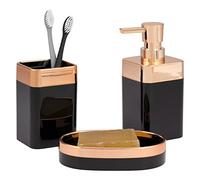 bremermann Savona - Set da bagno 3 pezzi, in plastica, colore: Nero/Oro rosa, portasapone, dispenser di sapone, tazza