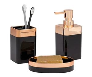 bremermann Savona - Set da bagno 3 pezzi, in plastica, colore: Nero/Oro rosa, portasapone, dispenser di sapone, tazza