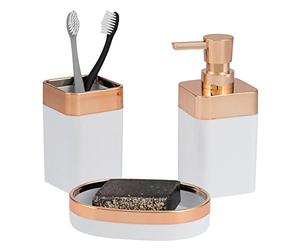 bremermann Savona - Set da bagno 3 pezzi in plastica, colore: oro rosa, portasapone, dispenser di sapone, tazza