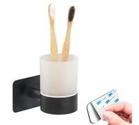 bremermann Serie da bagno Piazza Black Tape, senza fori, con cuscinetto adesivo, autoadesivo, portabicchieri, portaspazzolino, in vetro satinato e acciaio inox, nero opaco