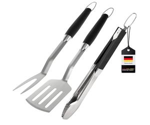 bremermann Set di posate per barbecue, 3 pezzi, pinza, paletta, forchetta per carne, accessori per barbecue in acciaio inox con impugnatura morbida
