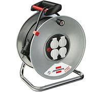 Brennenstuhl 1197306 Avvolgicavo 33 M Serie Garant Sk in Acciao Zincato Antiruggine, Spina e 4 Prese Schuko con Coperchi Autochiudenti, Maniglia Ergonomica, Argento
