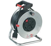 Brennenstuhl 1198555 Avvolgicavo 25 M Serie Garant Sk in Acciao Zincato Antiruggine, Spina Italiana 16A e 4 Prese Italiane 10A+16A e Schuko con Coperchi Autochiudenti, Maniglia Ergonomica, Argento