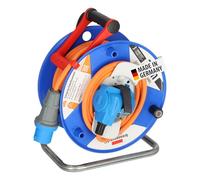 Brennenstuhl - Enrollador de cable de camping con cable de 25 m, con acoplamiento en ángulo CEE incluye toma combinada de contacto de protección y enchufe CEE, para uso en exteriores, naranjo