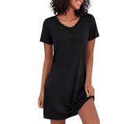 Bresdk Camicia da Notte Donna Cotone Estiva Manica Corta Aperta Davanti con Bottoni Vestaglia Ospedale Scollo a V Pigiama Allattamento Nero L