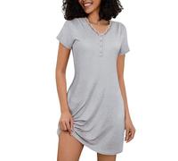 Bresdk Camicia da Notte Donna Cotone Manica Corta Vestaglia Ospedale con Bottoni Davanti e Scollo a V Pizzo per Il Parto Ospedaliero Quotidiano per L'Allattamento al Seno Grigio XL