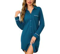 Bresdk Camicia da Notte Donna Cotone Maniche Lunghe con Bottoni | Collo a Revers, Taschino E Profili. Taglio Ampio con Piega Sulla Schiena E Orlo Più Lungo Dietro