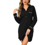 Bresdk Camicia da Notte Donna Cotone Maniche Lunghe con Bottoni | Collo a Revers, Taschino E Profili. Taglio Ampio con Piega Sulla Schiena E Orlo Più Lungo Dietro