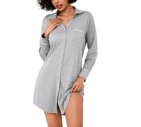 Bresdk Camicia da Notte Donna Cotone Maniche Lunghe con Bottoni | Collo a Revers, Taschino E Profili. Taglio Ampio con Piega Sulla Schiena E Orlo Più Lungo Dietro