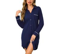 Bresdk Camicia da Notte Donna Cotone Maniche Lunghe con Bottoni | Collo a Revers, Taschino E Profili. Taglio Ampio con Piega Sulla Schiena E Orlo Più Lungo Dietro