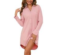Bresdk Camicia da Notte Donna Cotone Maniche Lunghe con Bottoni | Collo a Revers, Taschino E Profili. Taglio Ampio con Piega Sulla Schiena E Orlo Più Lungo Dietro