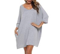 Bresdk Camicia da Notte Donna Cotone Modal Morbida Camicie da Notte Manica 3/4 Scollo a V Eleganti Taglie Forti Vestiti Premaman con Tasche Vestaglia Parto Ospedale Premaman, Grigio, S