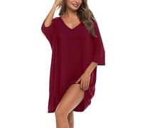 Bresdk Camicia da Notte Donna Cotone Modal Morbida Camicie da Notte Manica 3/4 Scollo a V Eleganti Taglie Forti Vestiti Premaman con Tasche Vestaglia Parto Ospedale Premaman, Vino Rosso, XL