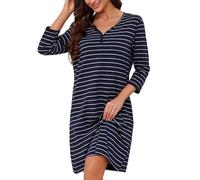 Bresdk Camicia da Notte Donna Cotone Sexy Camicie da Notte Manica a 3/4 Taglie Forti Pigiama Morbido Camicione da Casa Donna con Bottoni, Blu Scuro/Bianco, XL