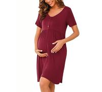 Bresdk Camicia da Notte per Allattamento Donna con Bottoni Estiva Manica Corta Parto Ospedale Morbidi Eleganti Abiti Premaman, Vino Rosso, XL