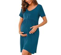 Bresdk Camicia da Notte per Allattamento Donna con Bottoni Estiva Manica Corta Parto Ospedale Morbidi Eleganti Abiti Premaman, Blu Pavone, XL