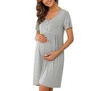 Bresdk Camicia da Notte per Allattamento Donna con Bottoni Estiva Manica Corta Parto Ospedale Morbidi Eleganti Abiti Premaman, Grigio, XL