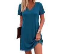 Bresdk Camicia Notte Donna Cotone Manica Corta con Pizzo Camicia da Notte Elegante e Confortevole per Ogni Giorno Blu XL