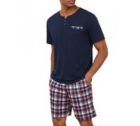 Bresdk Pigiama Corto Uomo Estivo Cotone Maniche Corte con 2 Bottoni a Quadri Pantaloni Pigiami Set Notte Due Pezzi Azzurro XXL