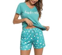 Bresdk Pigiama Donna Corto Estivo in Cotone Pigiami Due Pezzi con Maglietta a Maniche Corte e Pantaloncini Stampa Cuori, Morbido e con Tasche