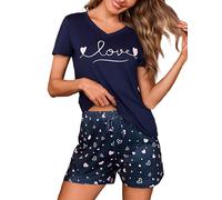 Bresdk Pigiama Donna Corto Estivo in Cotone Pigiami Due Pezzi con Maglietta a Maniche Corte e Pantaloncini Stampa Cuori, Morbido e con Tasche