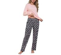Bresdk Pigiama Donna Cotone Lungo Leggero Invernale Pigiami Due Pezzi Maniche Lunghe e Pantaloni con Tasche Leggero Sciolto Accogliente per Casa e Casuale Rosa-A M