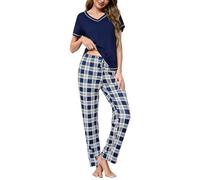 Bresdk Pigiama Donna Cotone Manica Corta Pigiami Due Pezzi da Donna Leggero Maglietta Manica Corta e Pantaloni Lunghi a Quadri Comodo e Morbido S-3XL