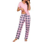 Bresdk Pigiama Donna Cotone Manica Corta Pigiami Due Pezzi da Donna Leggero Maglietta Manica Corta e Pantaloni Lunghi a Quadri Comodo e Morbido S-3XL