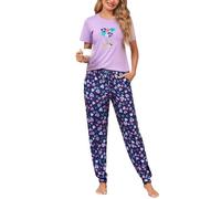 Bresdk Pigiama Donna Cotone Manica Corto Pantaloni da Pigiama Lunghe Lovable Due Pezzi Estivo Palloncino Viola XXL