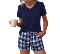 Bresdk Pigiama Donna Estivo Cotone Corto Eleganti Due Pezzi Estivi | Pantaloncini a Quadri Manica Corta Scollo a V