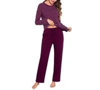 Bresdk Pigiama Donna Invernale Caldo Cotone Manica Lunga | Pigiama donna invernale con scollo V, maniche lunghe, pantaloni con cuori, tasche laterali e coulisse