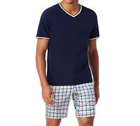 Bresdk Pigiama Uomo Cotone Estivo Pigiami Corto con Scollo a V e Tasche Pigiami Due Pezzi Morbido Confortevole Traspirante(Blu Navy + Blu Arancio,XXL)