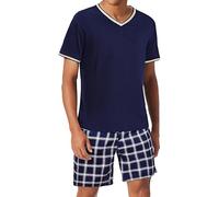Bresdk Pigiama Uomo Cotone Estivo Pigiami Corto con Scollo a V e Tasche Pigiami Due Pezzi Morbido Confortevole Traspirante(Blu Navy + Blu Navy Giallo,XL)