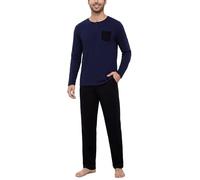 Bresdk Pigiama Uomo Cotone Lungo con Collo Serafino | Taschino a Contrasto, Pantaloni Tinta Unita con Vita Elasticizzata, Coulisse E Due Tasche Laterali