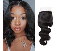 Bresilian Weaving in Lots Human Hair Virgin Closure Weaving Smooth Extensions 100% Natural Human Hair Body Wave Strands Natural Black (8 inch/20 cm, 4x4 Lace Closure)
