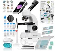 Bresser Junior Microscopio per Bambini 6 anni 40x-640x con QR Code | Luce trasmessa, Adattatore smartphone, 20 vetrini con QR Code, 7 vetrini vuoti, Kit Artemia, 75 pezzi, Illuminazione LED