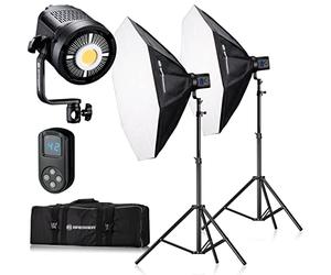 BRESSER Set di luci fotografiche, nero | 5500 K, CRI oltre 95, dimmerabile dal 10 al 100 per cento, 6 effetti luce, attacco Bowens, telecomando, stativi 200 cm