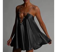 Bretelle a Catena da Donna Abito Corto Moda Solido Cavo Scollo a V A-Line Mini Flared Dress Party Club Backless-Black, S