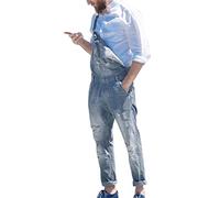 Bretelle degli uomini alla moda Denim tuta strappato pantaloni jeans popolari abiti da lavoro alla moda uomo dritto, Blu, S