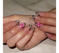 Breve Mandorla Press On Unghie Con Leopardo Francese Pizzo E Motivo Floreale Unghie Acriliche Per Le Donne Che Cercano Un'Unghie Uniche Manicure Esperienza