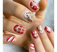 Breve Piazza Unghie Finte Candy House Full Covers Stick On Nails Natale Premere On Con Gingerbreads Man Designs Christmas Press Short Square False Candy House Stick