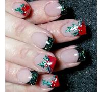 Breve Piazza Unghie Finte di Natale Premere Su Ciliegie Coperture Piene Bastone Francese Punta Francese Artificiale Natale Copertura Completa Stick Francese