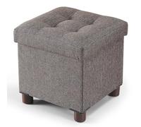 BRIAN & DANY Piccolo contenitore ottomano 32 x 32 x 32,5 cm, poggiapiedi in lino con gambe in legno, poggiapiedi con coperchio, per soggiorno e camera da letto, marrone