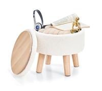 BRIAN & DANY Pouf Contenitore con Coperchio, Pouf Poggiapiedi con Gambe in Legno, Mini Sgabello Rotondo per Soggiorno, Ingresso, Camera, Ø 32x32 cm, Teddy, Bianco